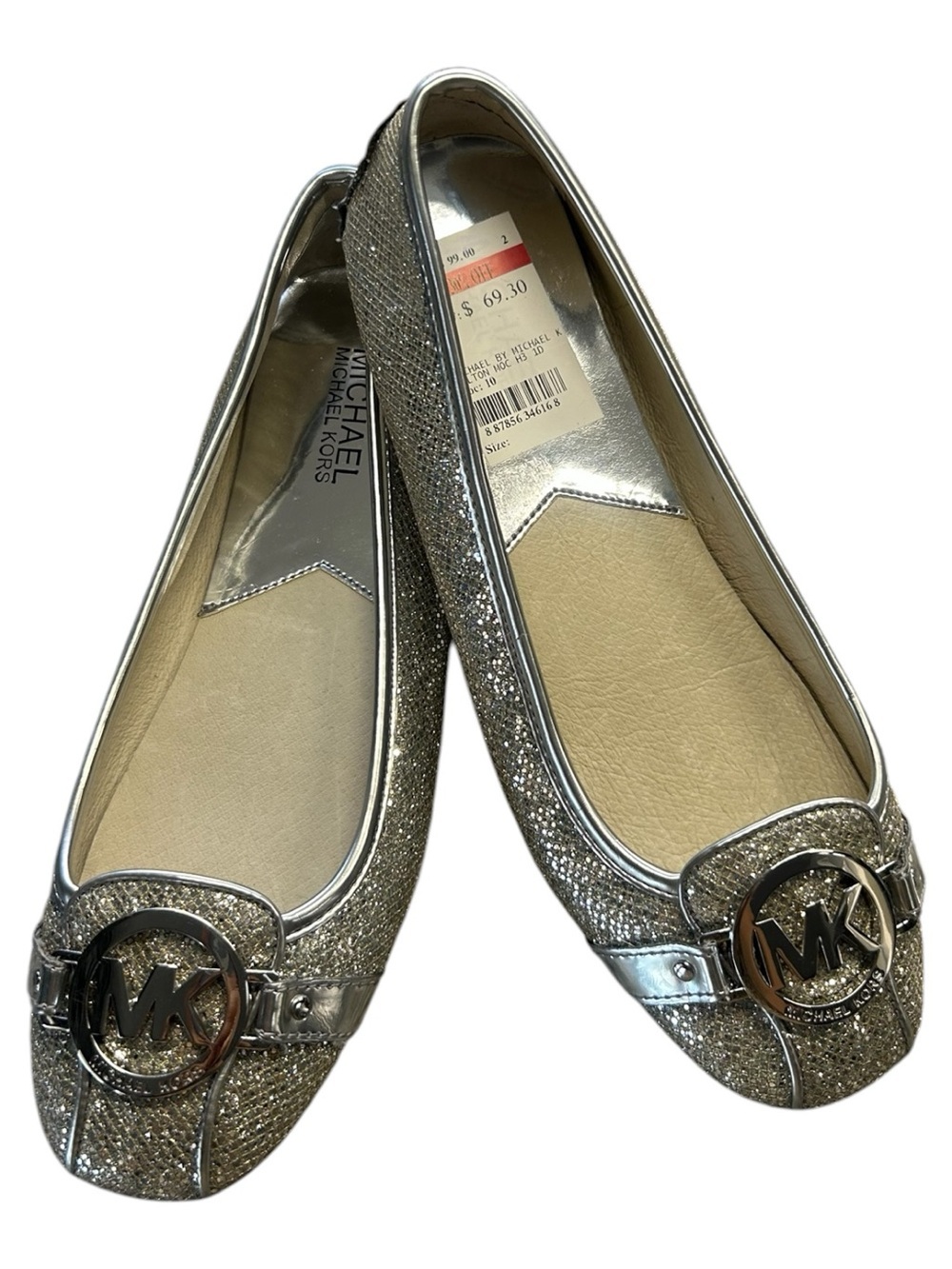 Michael Kors Fulton Moccasin Ballet Flat Silver Metallic Glitter Finish Sz 7M